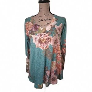 Floral Teal Blouse with Pink Accents
